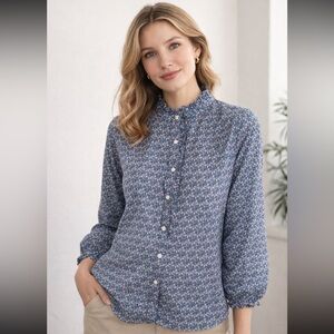 Trovata Birds of Paradis Navy Ditsy Floral Button Down Shirt Ruffle High Neck M